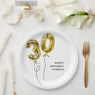 Minimal Gold 30 Balloon 30th Birthday Party Paper Plates