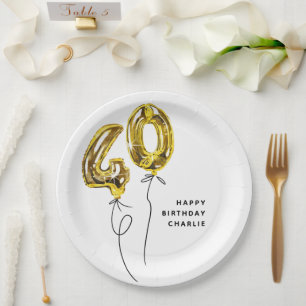 Minimal Gold 40 Balloon 40th Birthday Party Paper Plates