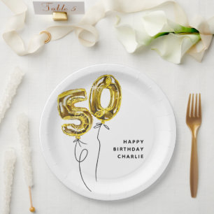 Minimal Gold 50 Balloon 50th Birthday Party Paper Plates