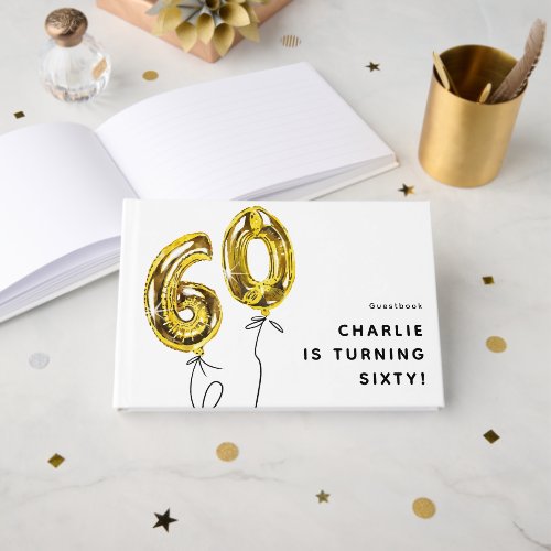 Minimal Gold 60 Balloon 60th Birthday Party Guest Book