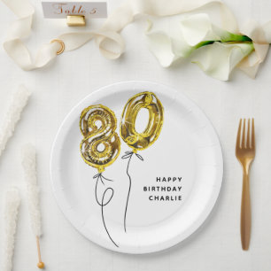 Minimal Gold 80 Balloon 80th Birthday Party Paper Plates