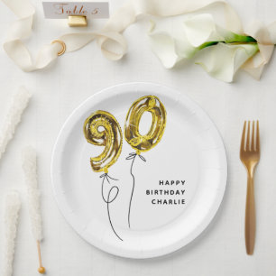 Minimal Gold 90 Balloon 90th Birthday Party Paper Plates