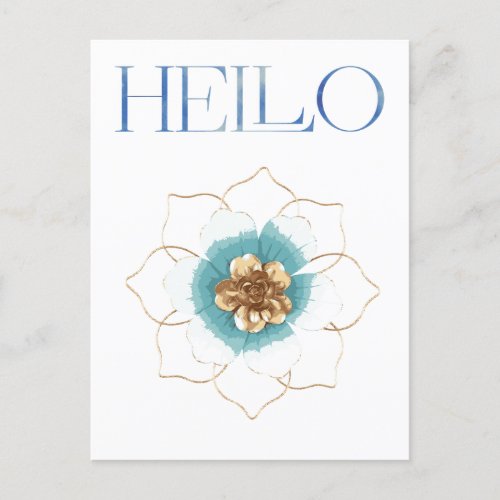 Minimal  Gold and Blue Flower  Hello Postcard