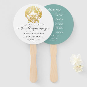 Minimal Gold and Teal Seashell Wedding Program Hand Fan
