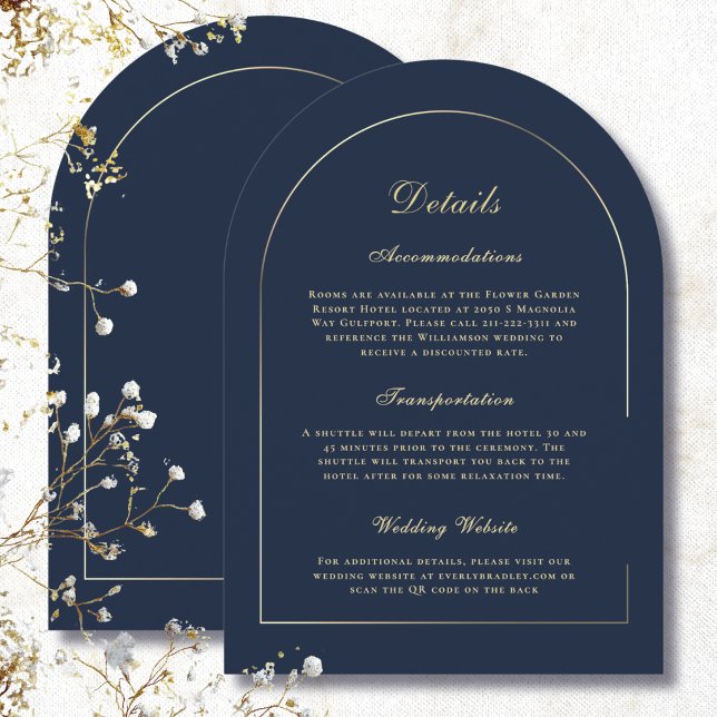 Minimal Gold Arch Navy Background Details Wedding Invitation (Creator Uploaded)