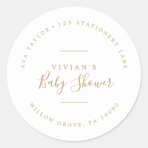 Minimal Gold Baby Shower Circular Return Address Classic Round Sticker