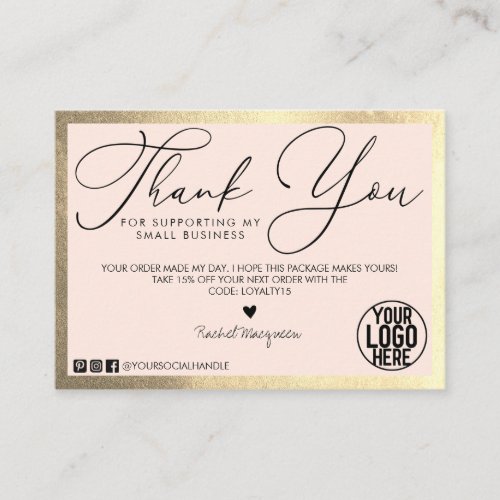 Minimal Gold Blush Pink Script Customer Thank You Business Card