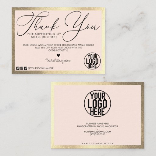 Customizable Minimal Gold Blush Pink Script Customer Thank You Business Card