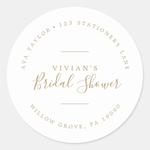 Minimal Gold Bridal Shower Circular Return Address Classic Round Sticker