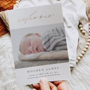 Minimal Gold Calligraphy Scripted Welcome Birth Announcement