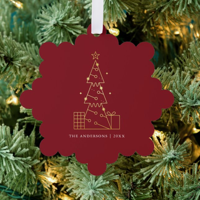 Minimal Gold Christmas Tree Modern Red Ornament Card (Insitu (Tree))
