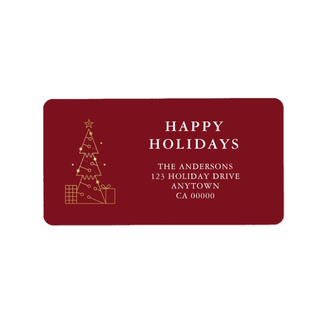 Minimal Gold Christmas Tree Red Return Address Label (Front)