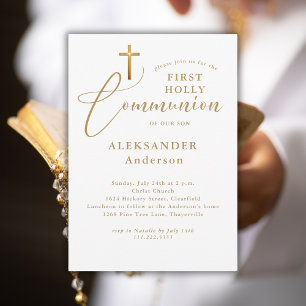 Minimal Gold Cross Religious First Communion Invitation