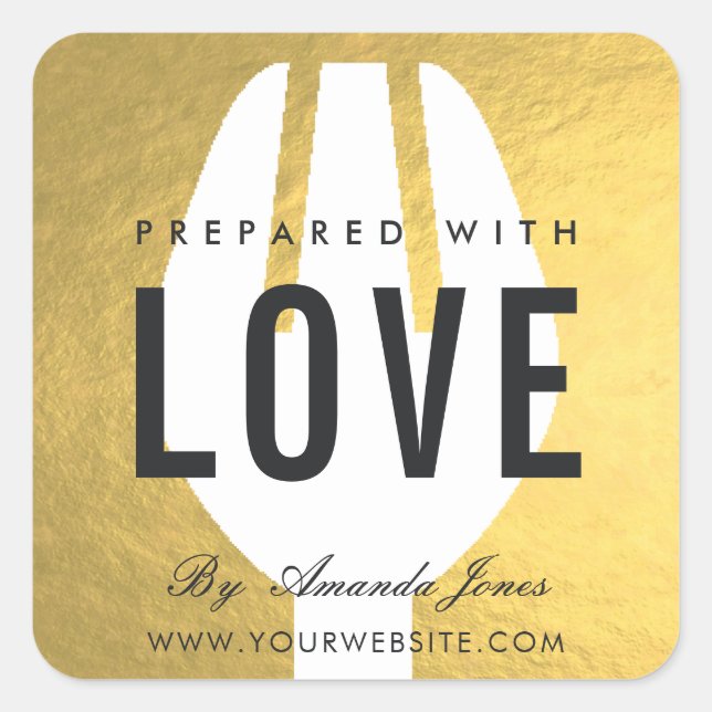 MINIMAL GOLD FAUX SPOON FORK PREPARED WITH LOVE SQUARE STICKER (Front)