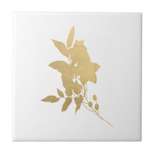 Minimal Gold Flower Bouquet Silhouette Ceramic Tile