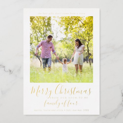Minimal Gold Foil Family of Four Pregnancy Photo Foil Holiday Card