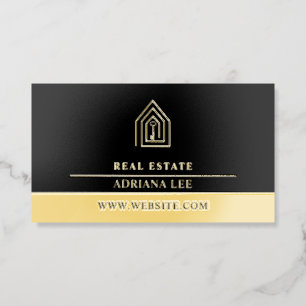 Minimal Gold Foil Key Real Estate Agent Black Business Cards