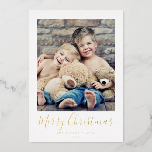 Minimal Gold Foil Merry Christmas Portrait Photo Foil Holiday Card