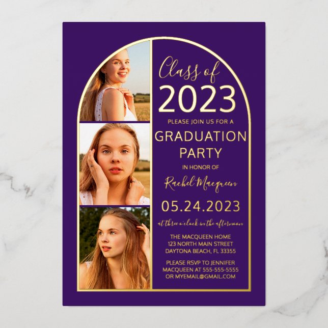 Minimal Gold Foil Purple Arch Photo Graduation Foil Invitation (Front)
