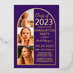 Minimal Gold Foil Purple Arch Photo Graduation Invitation