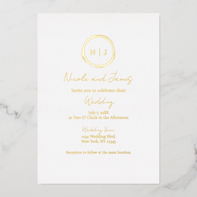 Minimal Gold Foil White Modern Glam Wedding  Foil Invitation (Front)