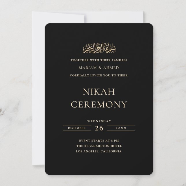 Minimal Gold Formal Script Black Nikah Ceremony Invitation (Front)