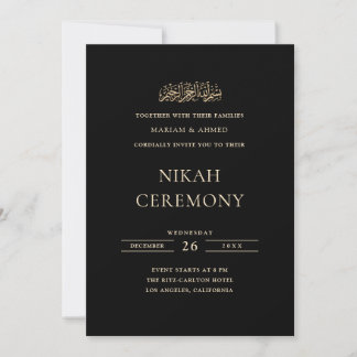 Minimal Gold Formal Script Black Nikah Ceremony Invitation