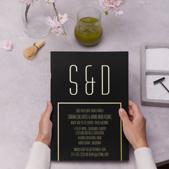 Minimal Gold Frame Elegant Black Wedding  Foil Invitation (Creator Uploaded)