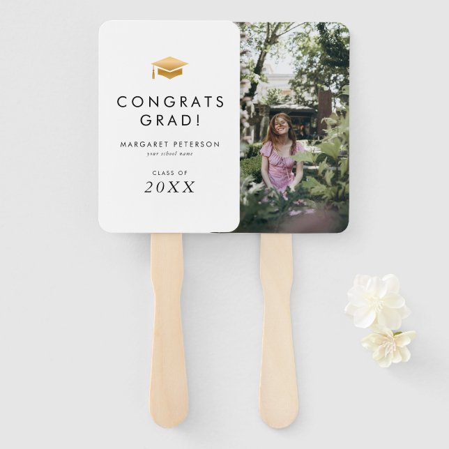Minimal Gold Grad Cap Congrats Photo Graduation Hand Fan (Front and Back)