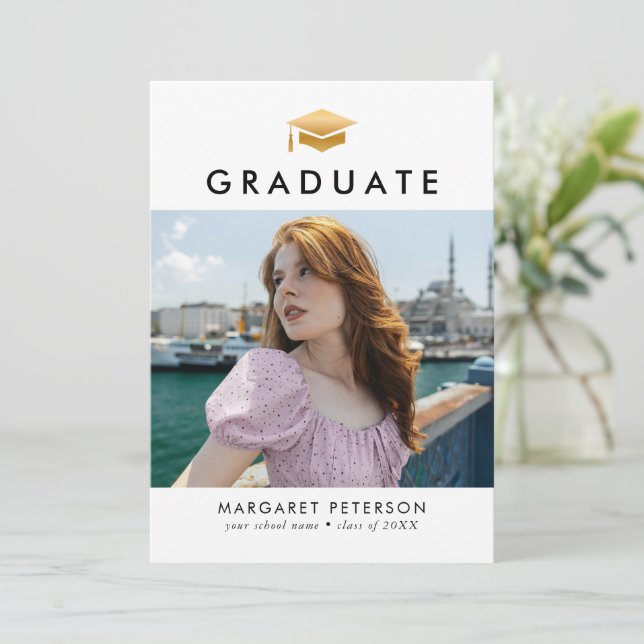 Minimal Gold Grad Cap Photo Collage Graduation Announcement (Standing Front)