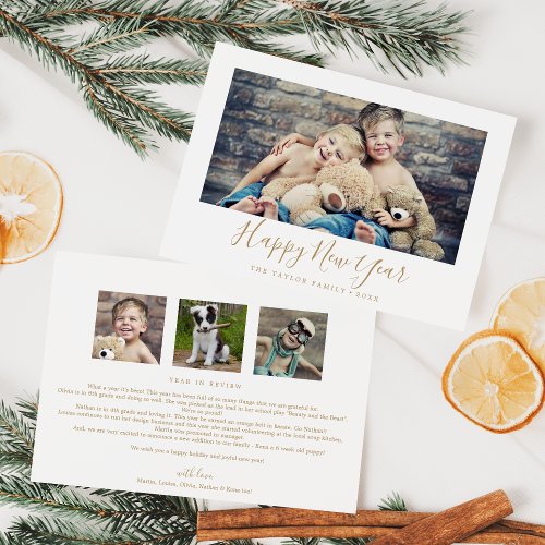 Minimal Gold Happy New Year Family News Landscape Holiday Card