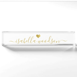 Minimal Gold Heart Script Signature Name  Desk Name Plate