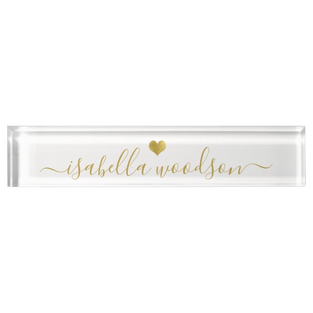 Minimal Gold Heart Script Signature Name  Desk Name Plate (Front)