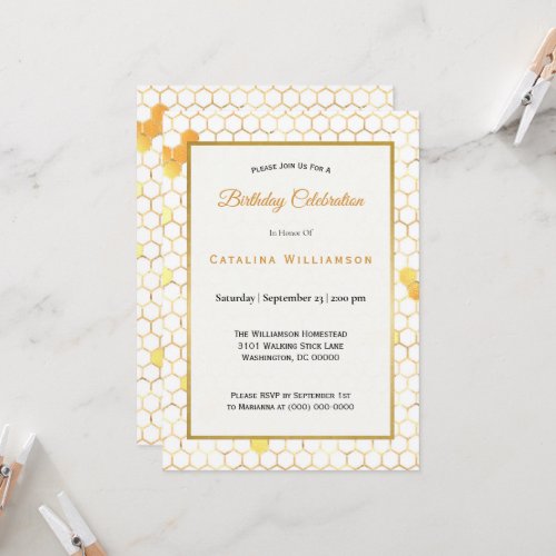 Minimal Gold Honeycomb Birthday Invitation