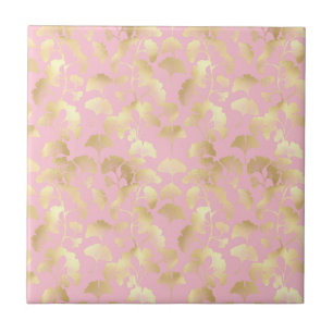 Minimal Gold Leaf Pattern on Soft Pink Background Ceramic Tile