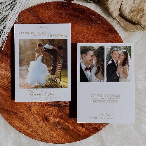 Minimal Gold Married Little Christmas 3 Pic Thanks Holiday Card