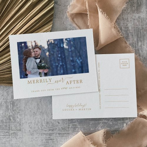 Minimal Gold Merrily Ever After Newlywed Thank You Holiday Postcard