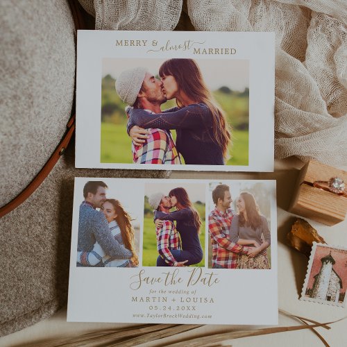 Minimal Gold Merry Almost Married HZ Save the Date Holiday Card