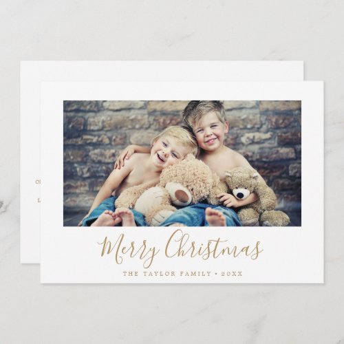 Minimal Gold Merry Christmas Family News Landscape Holiday Card