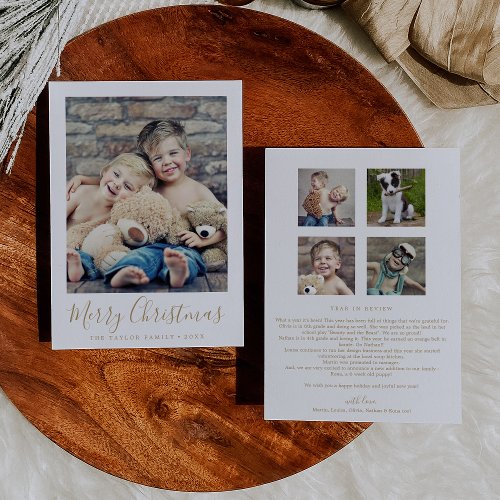 Minimal Gold Merry Christmas Family News Portrait Holiday Card