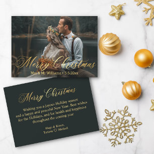 minimal gold merry christmas mr&mrs photo wedding note card