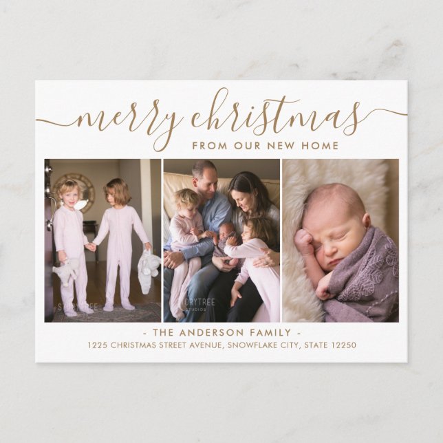 Minimal Gold Merry Christmas Photo Holiday Moving Announcement Postcard (Front)