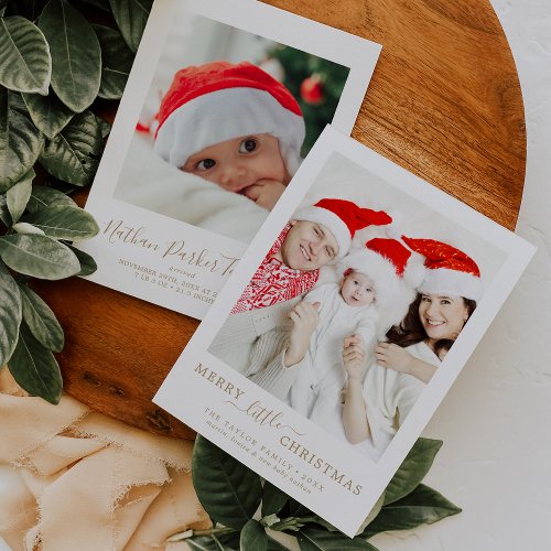Minimal Gold Merry Little Christmas Portrait Birth Holiday Card