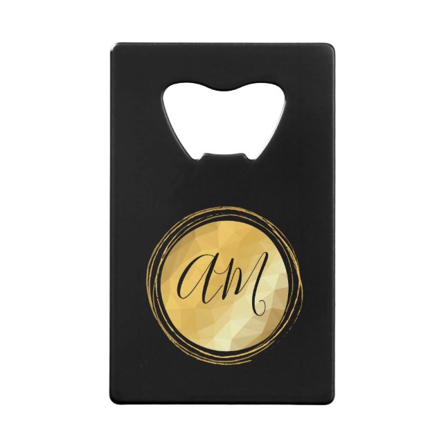 Minimal gold metallic effect round frame monogram credit card bottle opener (Front)