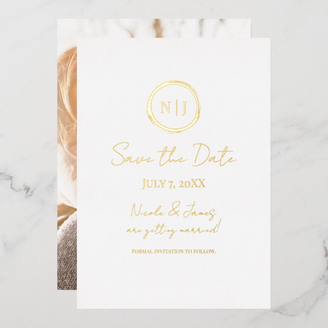 Minimal Gold Modern Glam Save the Date Photo Foil  Invitation (Front/Back)