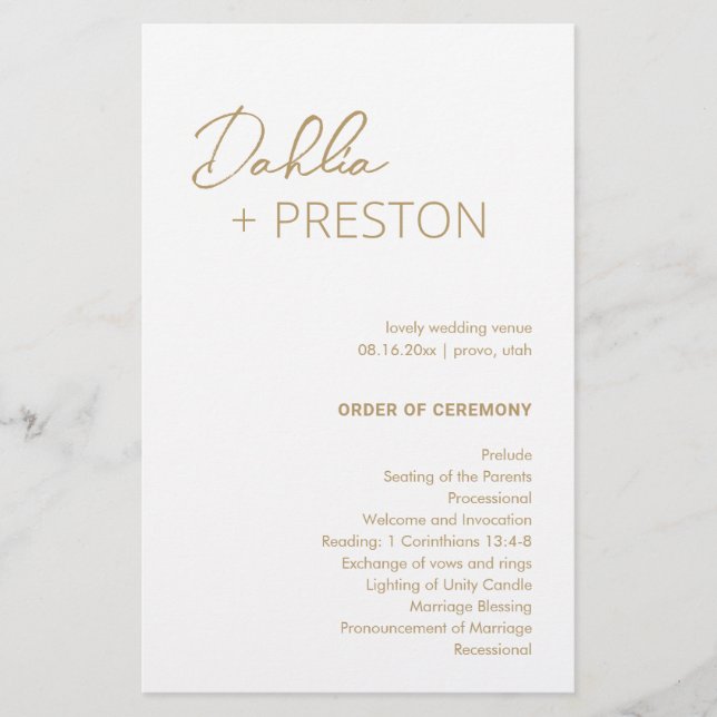 Minimal Gold Modern Wedding Program (Front)