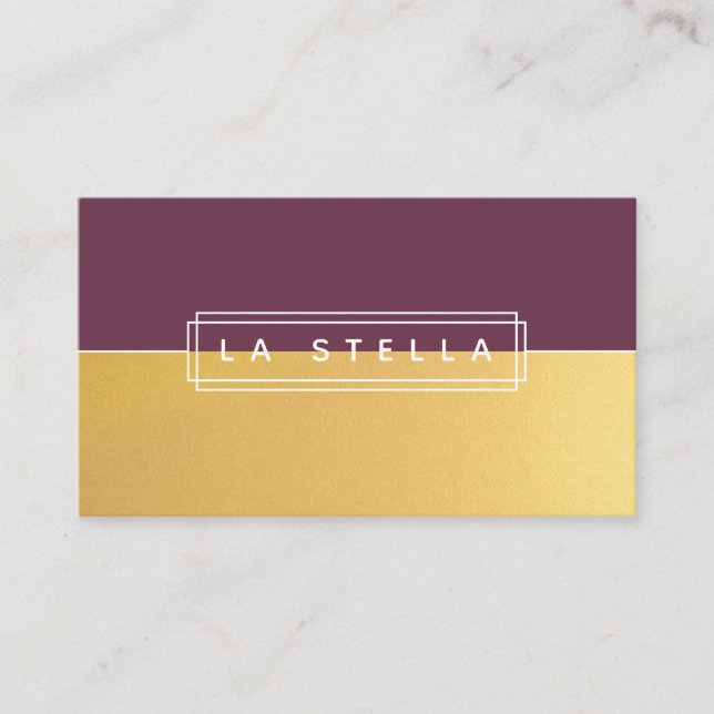 Minimal Gold & Plum Split | Geometric Line Frame Business Card (Front)