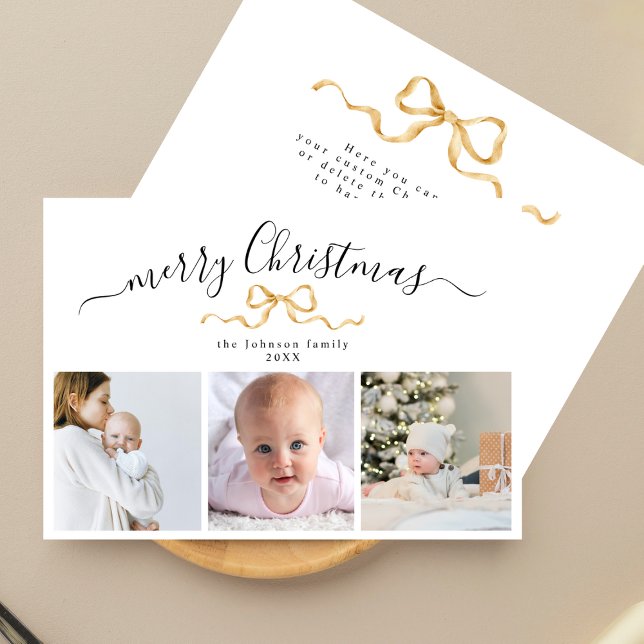 Minimal Gold Ribbon Three Photo Christmas Greeting Holiday Card (Creator Uploaded)