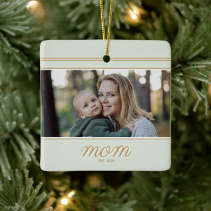 Minimal Gold & Sage Green Mom Established Photo Ceramic Ornament
