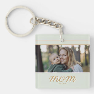 Minimal Gold & Sage Green Mom Established Photo Keychain